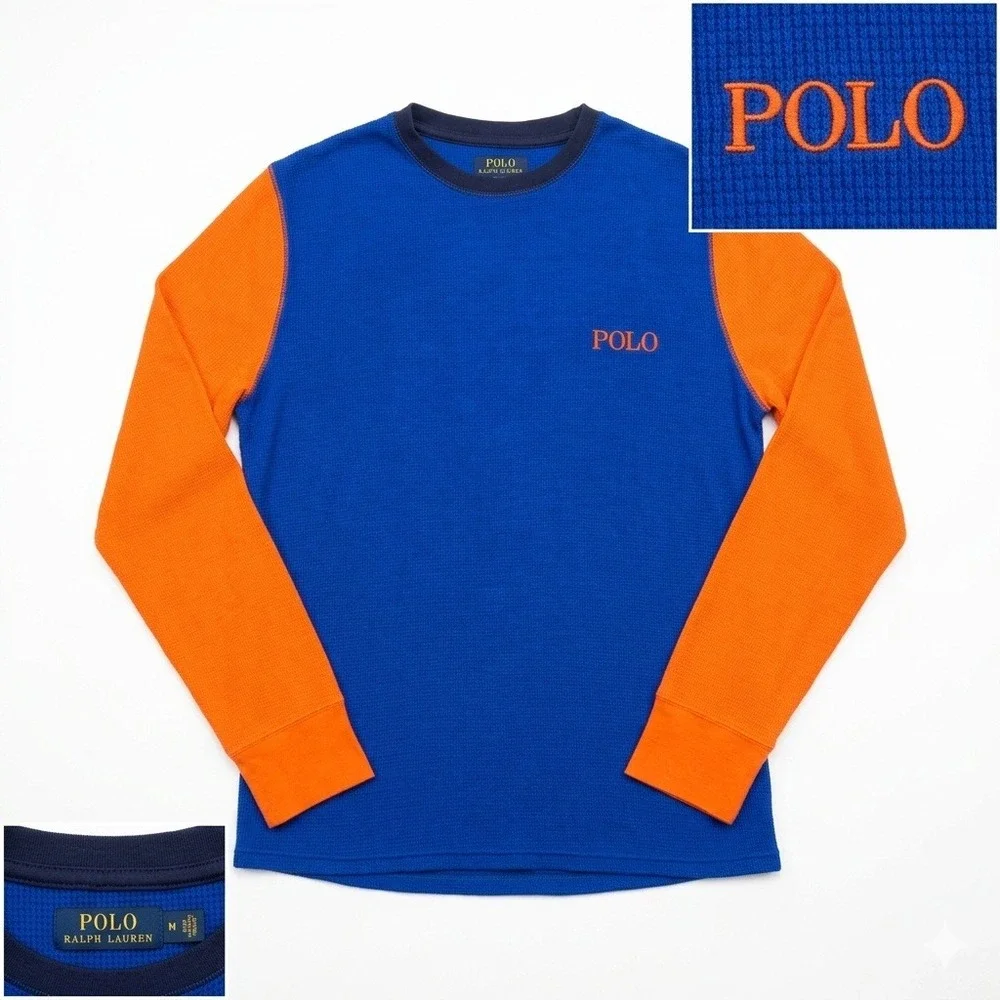 Polo Ralph Lauren Waffle Knit Thermal Shirt Men's Medium Blue Orange Long Sleeve